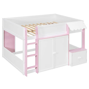 English Elm Twin House Loft Bed with Pull Out Rolling Desk Stair Drawers and Cabinet Storage N820S00074H