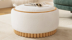 English Elm 29" Round Boucle Storage Ottoman Sculptural Wood Base Reversible Lid Living Room Beige N723P405304A