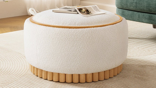 English Elm 29" Round Boucle Storage Ottoman Sculptural Wood Base Reversible Lid Living Room Beige N723P405304A