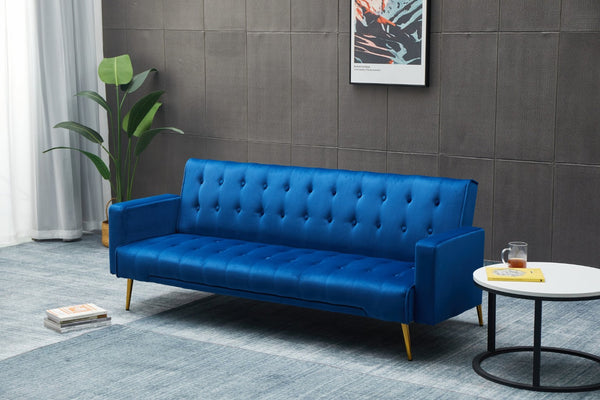 English Elm Sofa Bed Velvet Upholstered Convertible with Gold Metal Legs for Studio Spaces Dark Blue B205P246427