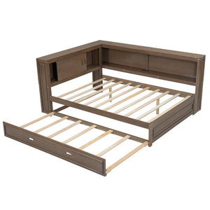 English Elm Full Pine Daybed with Trundle Sliding Storage Shelves Led Lighting and Usb Charging Wood GX004003AAD