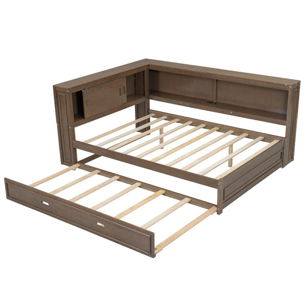 English Elm Full Pine Daybed with Trundle Sliding Storage Shelves Led Lighting and Usb Charging Wood GX004003AAD