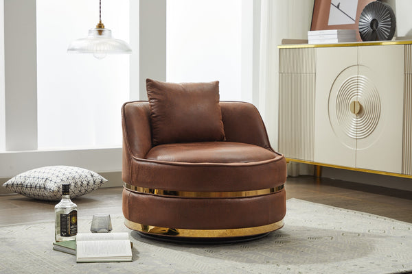 English Elm Swivel Velvet Accent Chair Brown — 360° Padded Barrel Club Chair with Stainless Steel Base, Cozy Durable W2915P234014