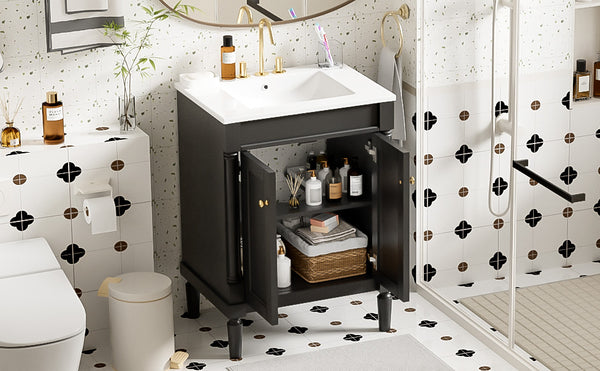 English Elm 24'' Modern Bathroom Vanity with Ceramic Basin, Solid Wood Frame, Soft-Close Doors, Ample Storage Black N710P190503B