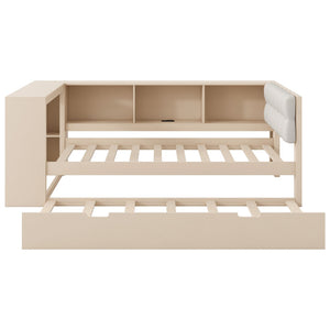 English Elm Wood Twin Platform Bed Linen Headboard Storage Shelves Trundle Charging Station Cream N709P004023C