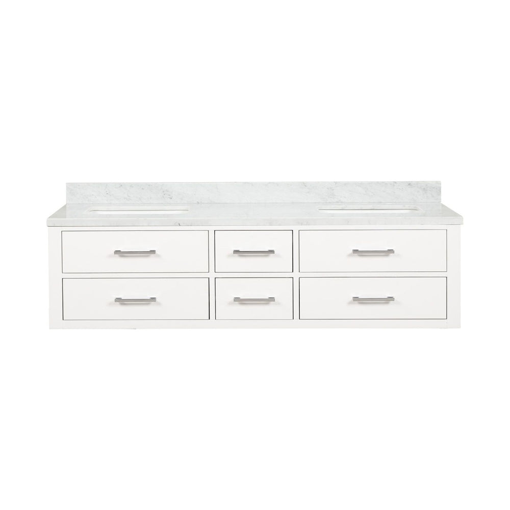 English Elm White Double Bath Vanity With Carrara Marble Top – 72" W, Elegant Design, Ample Storage & Easy Setup B2731P258082-GIGA