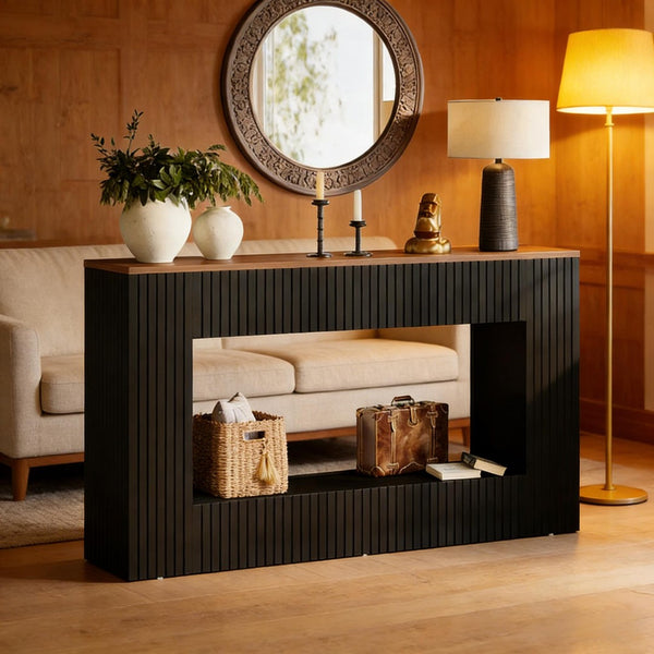 English Elm Coffe Fluted Console Table Walnut Top Mdf Entryway Sofa Back Modern Accent T3971P449793