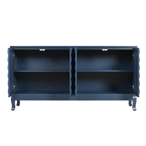 English Elm Elegant Navy Blue Sideboard, 4-Door Storage Cabinet with Arched Groove Wavy Doors, Adjustable Shelves W2696P245317