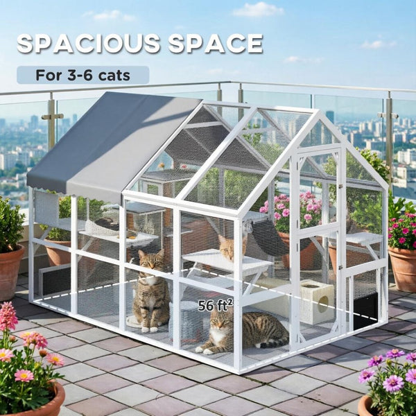 English Elm Wooden Fir Catio Outdoor Cat Enclosure with Uv Cover Platforms and Climbing Ladders T3971S00241