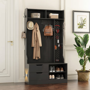 English Elm Hall Tree Entryway Organizer with 6 Hooks, Storage Bench & Open Shelves for Shoes and Coats Black 58.46 L x 21.85 W x 6.5 H W1321P190220