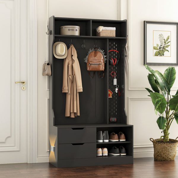 English Elm Hall Tree Entryway Organizer with 6 Hooks, Storage Bench & Open Shelves for Shoes and Coats Black 58.46 L x 21.85 W x 6.5 H W1321P190220