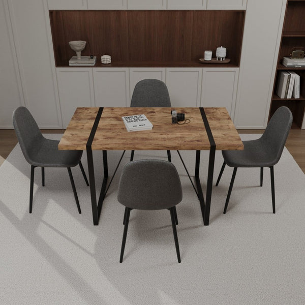 English Elm 55" Dark Wood Mdf Dining Table Set with Four Suede Chairs Matte Black Metal Base W2189S00936