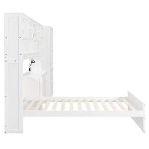 English Elm Wooden Twin Loft Bed with Built-in Desk Wardrobe Storage Drawers and Led Lighting N820S00069K