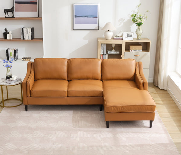 English Elm 94.5-Inch L-Shaped Genuine Leather Sectional Sofa With Right Chaise Lounge - Modern Tan Comfort W791S00021