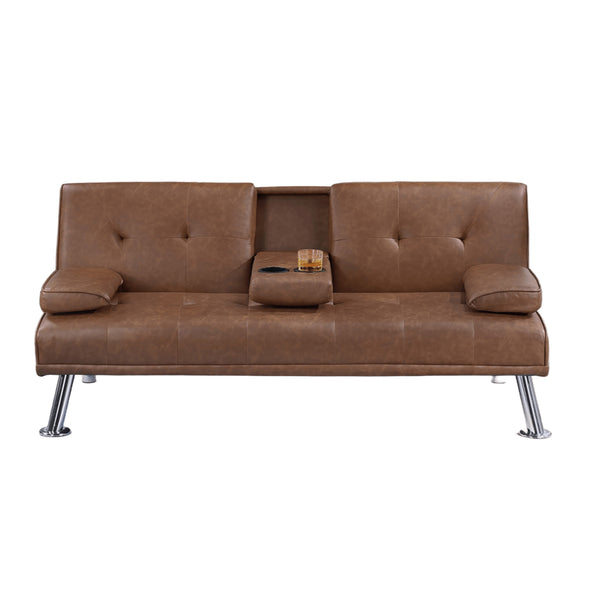 English Elm Living Convertible Faux Leather Sofa with Tufted Upholstery, Fold-Down Table and Cup Holders, Metal Legs Brown 39 L x 8 W x 67 H B011P381497