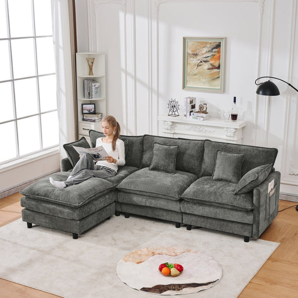 English Elm 101.9-inch Chenille Modular Sofa with Movable Footstool for Living Room Comfort W288S00033