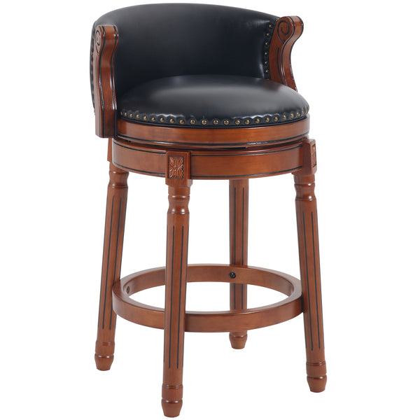 English Elm Seat 26" Cow-Top Leather Wooden Bar Stool with 360° Swivel, Contoured Back, Solid Wood Frame W2195P206486