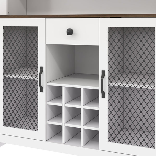 English Elm 70.9" Farmhouse Hutch Pantry with Led Lighting Wine Rack Mesh Doors and Built-in Power White CH361426AAK
