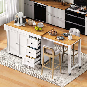 English Elm K&K 43.3" Kitchen Island with 27.6" Extendable Dining Table, Power Outlet, 7 Wheels, Ample Storage White N707P303401W