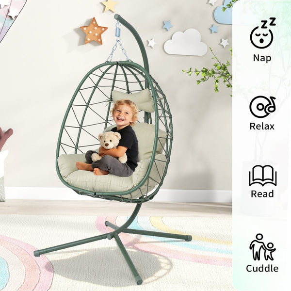 English Elm Hanging Egg Chair Pe Wicker Swing Seat with Stand Washable Cushion Patio Balcony T5880P497577