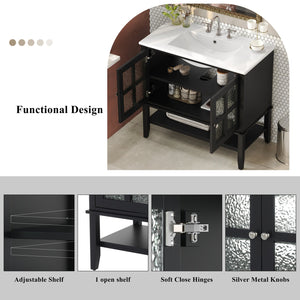English Elm Christopher Knight Home® - 36" Bathroom Vanity with Ceramic Sink, Solid Wood Legs, Waterproof Finish, Soft-Close Hinges, Open Shelf, Silver Knobs Black N817P286249B