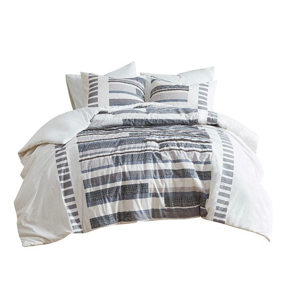 English Elm King/Cal King Serena 3-Piece Cotton Percale Duvet Cover Set with Fringe & Chenille Trims, Antimicrobial Protection B03596496