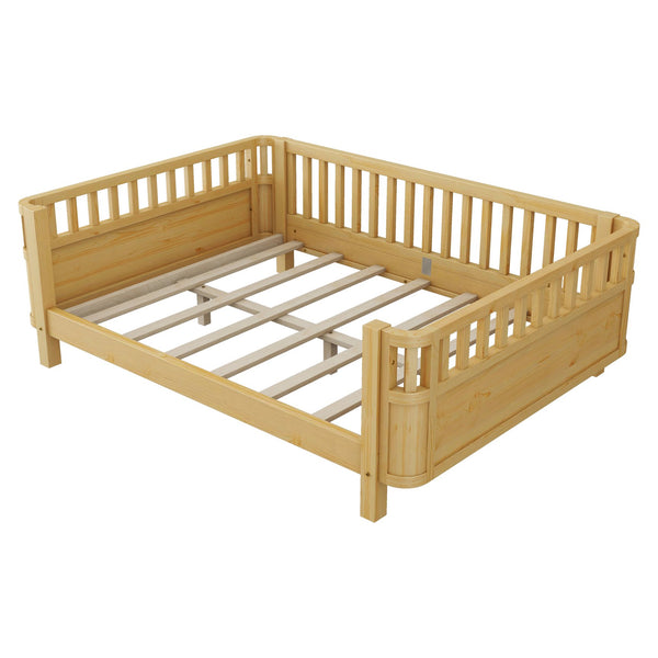 English Elm Full Full Size Wood Platform Bed for Kids with Guardrail, Solid Pine Construction, Low Profile, 350LB Capacity, Natural Finish W2593P367066