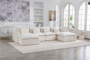 English Elm 129.8" Wide Modular Cloud Sectional Cotton Linen Sofa with Deep Foam Seats and Ottomans Antique White W2530S00016