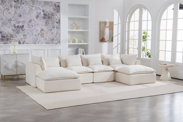 English Elm 129.8" Wide Modular Cloud Sectional Cotton Linen Sofa with Deep Foam Seats and Ottomans Antique White W2530S00016