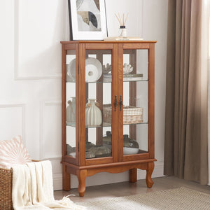English Elm 2 Doors Curio Cabinet With Adjustable Shelves, Mirrored Back & Integrated Lighting - Elegant Oak Display W2275P177197