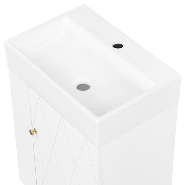 English Elm 20 Modern Wall-Mounted Bathroom Vanity with Ceramic Sink, Diamond Door, Gold Handles & Shelves — Compact White N725P314033K