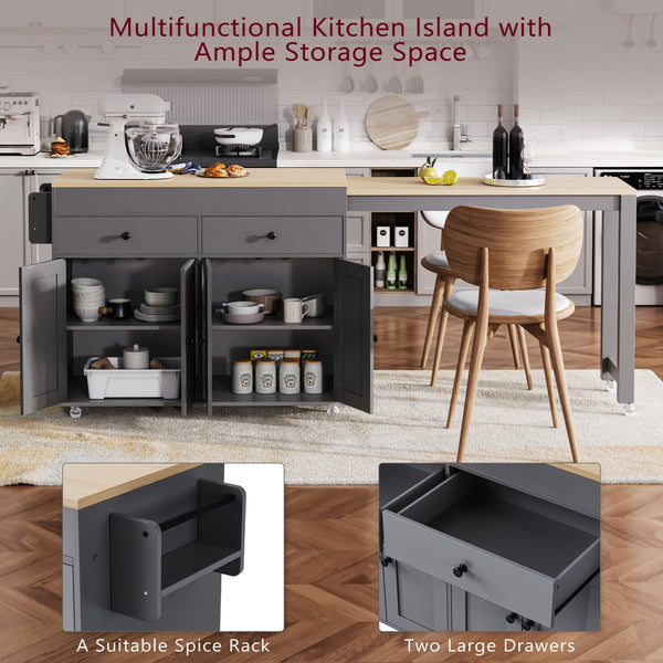 English Elm K&K 74.5" Kitchen Island with 27" Extendable Dining Table, 4-Door Storage, 2 Drawers, Rolling Cart Grey N707S000009G