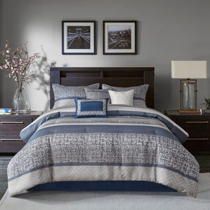English Elm 7 Piece Jacquard Comforter Set Rhapsody Queen – Elegant Grey & Blue Stripe Design, Embroidered Pillows, Machine Washable Navy 23.62 L x 18.9 W x 16.14 H B03597213
