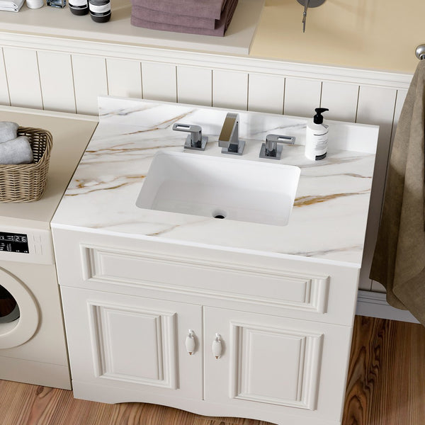 English Elm 37 Inch Marble Vanity Top - Elegant Carrara White Finish With Undermount Sink & 4" Backsplash Design W2699P192442