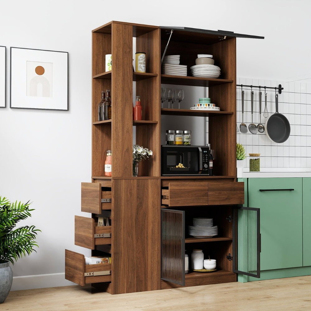 English Elm 70.87"h Tall Storage Cabinet Glass Panel Doors Asymmetric Drawers Modern Hallway Organizer W331S00205