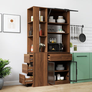 English Elm 70.87"h Tall Storage Cabinet Glass Panel Doors Asymmetric Drawers Modern Hallway Organizer W331S00205