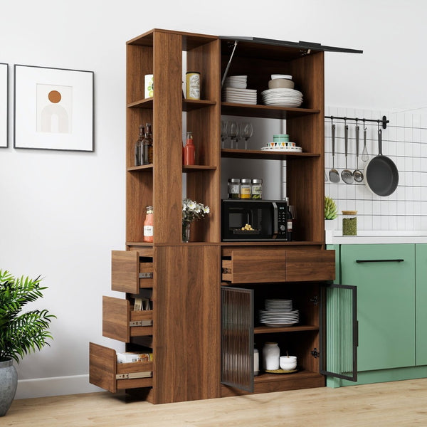 English Elm 70.87"h Tall Storage Cabinet Glass Panel Doors Asymmetric Drawers Modern Hallway Organizer W331S00205