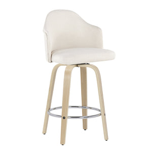 English Elm Ahoy Mid-Century Modern Counter Stool Set Of 2 With Cream Fabric, Natural Bamboo Legs & Chrome Footrest B202S00168