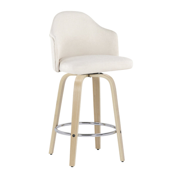 English Elm Ahoy Mid-Century Modern Counter Stool Set Of 2 With Cream Fabric, Natural Bamboo Legs & Chrome Footrest B202S00168