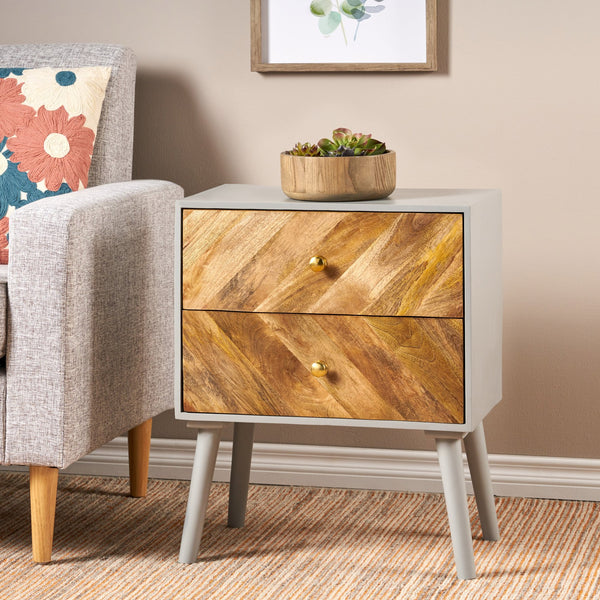 English Elm Christopher Knight Home® - MANGO Mid-Century 2-Drawer Accent Cabinet with Mango Wood Fronts, KD Legs, Natural Finish, 20"W 66674.00