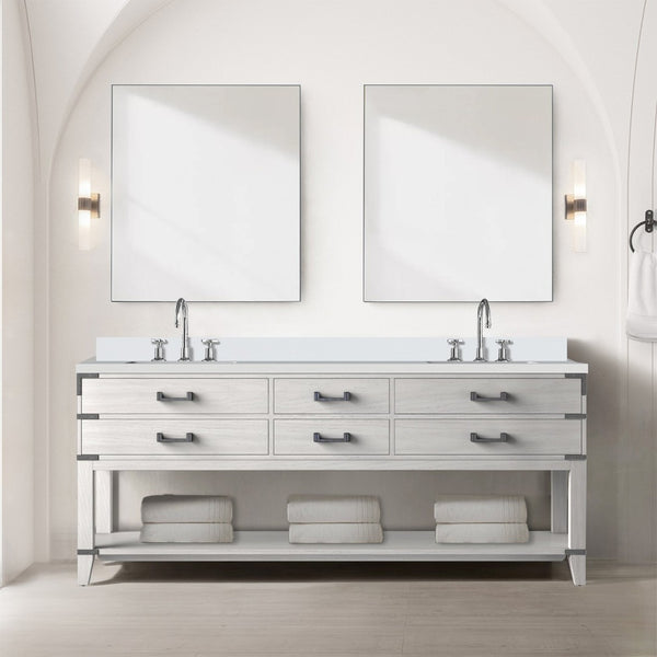 English Elm White Oak Double Bath Vanity - 80" W X 22" D, Cultured Marble Top & Chrome Faucet Set With Mirrors! B2731S01910-GIGA