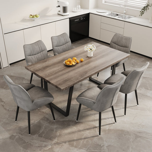 English Elm 62.9-Inch Walnut Dining Set With 6 Plush Velvet Chairs - Modern, Durable, Easy To Assemble, Seats 4-6 W1727S00083