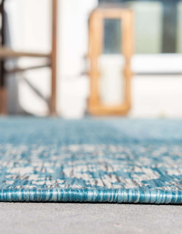 Unique Loom Outdoor Border Floral Border Machine Made Floral Rug Aqua, Ivory/Gray 10' 8" x 10' 8"