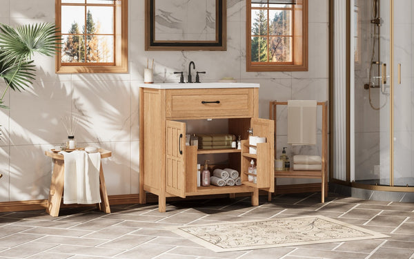 English Elm 30" Solid Pine Bathroom Vanity with Resin Sink Soft Close Doors and Natural Grain Finish N710P405952P