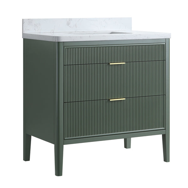 English Elm Fully Assembled 36" Green Bathroom Vanity With Solid Wood, Carrara Marble Top & Soft-Close Features W1826P308980