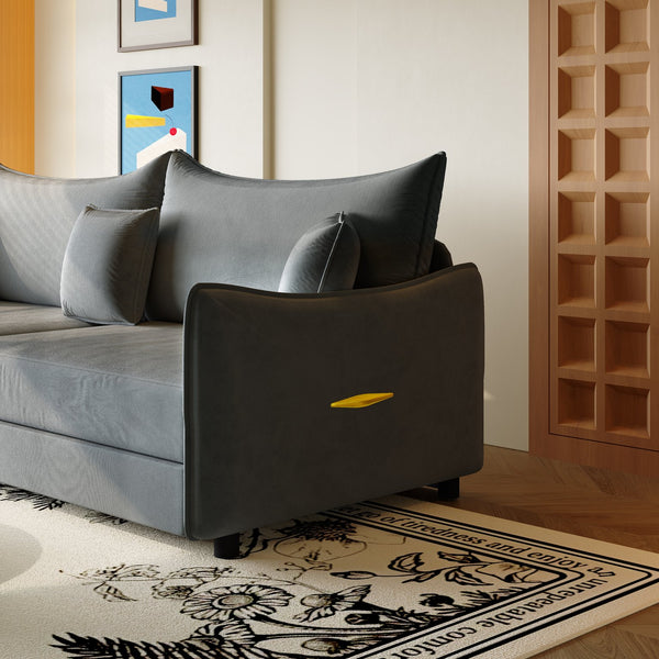 English Elm 81.9" 3-in-1 Convertible Sleeper Sofa Bed with Velvet Upholstery, 3 Pillows & Golden Trim Accent DARK GREY W1885S00253