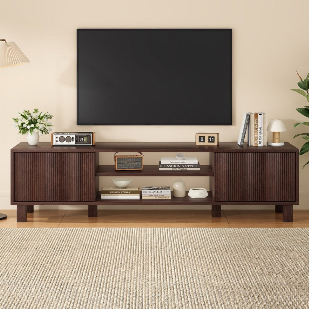 Modern Low Profile Media Console with Open Shelving and Concealed Cabi