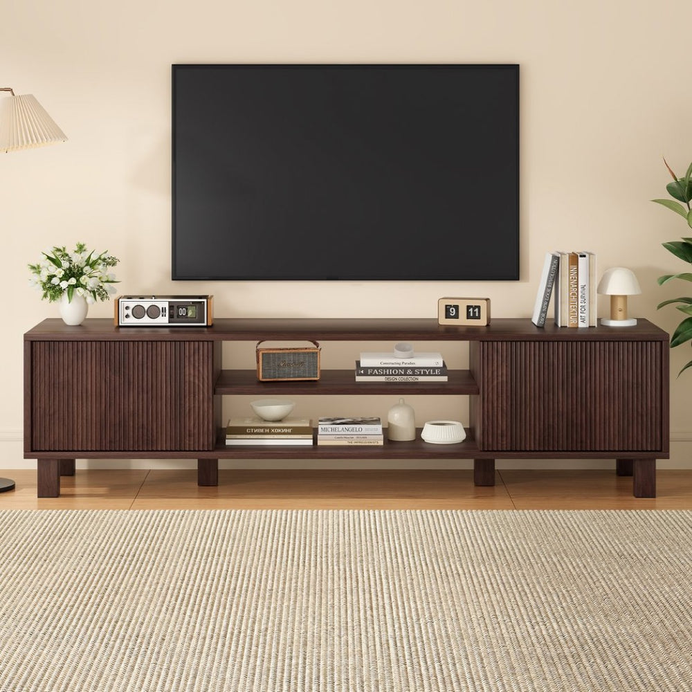 English Elm Modern Low Profile Media Console with Open Shelving and Concealed Cabinet Storage Walnut T3623P435419