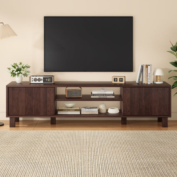 English Elm Modern Low Profile Media Console with Open Shelving and Concealed Cabinet Storage Walnut T3623P435419
