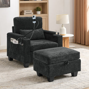 English Elm Single Chenille Manual Recliner with Usb Port Hidden Storage Ottoman and Cup Holders Black W487P423649